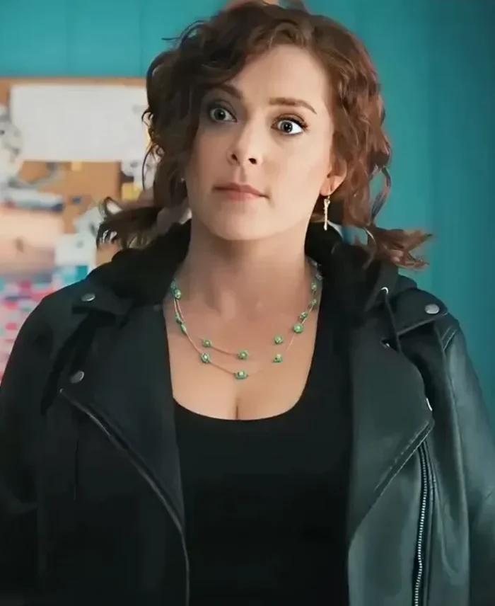 Your Place or Mine 2023 Rachel Bloom Leather Jacket front