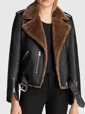 Adah Slim Fit Shearling Biker Leather Jacket front