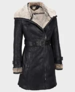 Alana Mid Length Black Shearling Leather Coat front