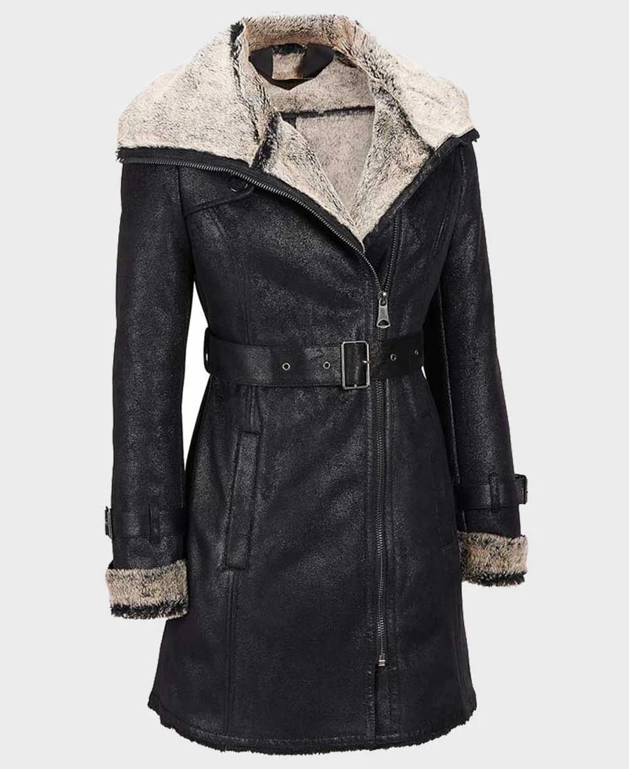 Alana Mid Length Black Shearling Leather Coat front