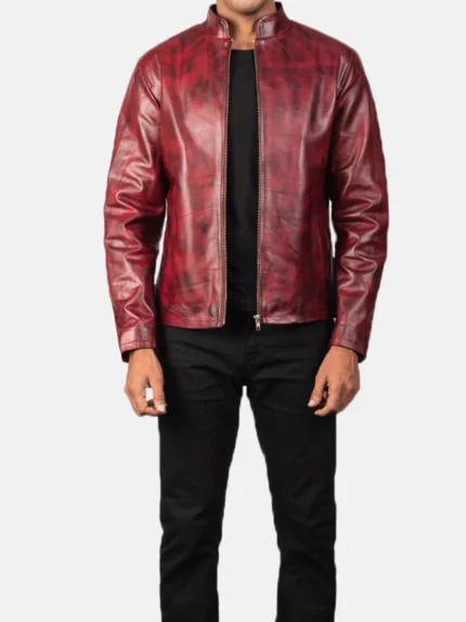 Alex Distressed Burgundy Leather Jacket front