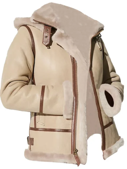 Alicia Beige Shearling Fur Hooded Leather Jacket front