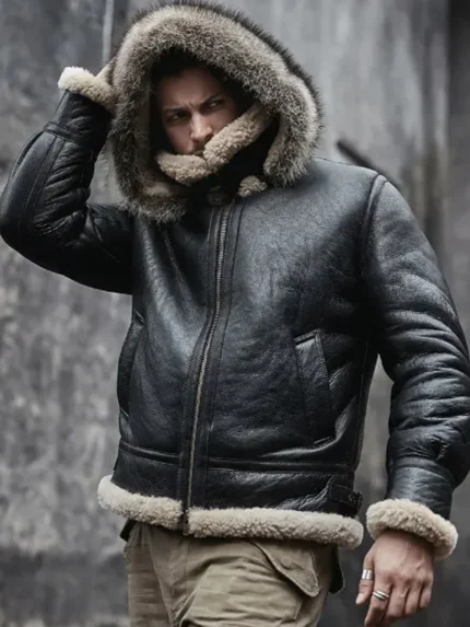 Antonio-SF Hooded Shearling Fur Black Bomber Jacket front