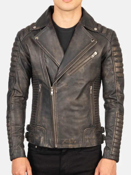 Armand Distressed Brown Leather Biker Jacket front