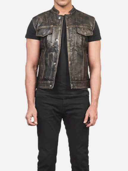 Atlas Moto Distressed Brown Leather Vest front