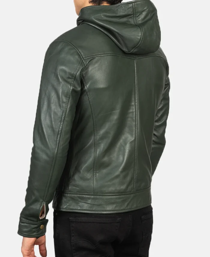 Baston Green Hooded Leather Bomber Jacket back