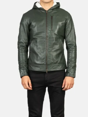 Baston Green Hooded Leather Bomber Jacket front