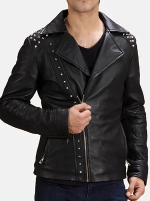 Black Studded Leather Biker Jacket front