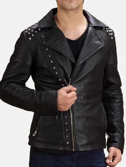 Black Studded Leather Biker Jacket front