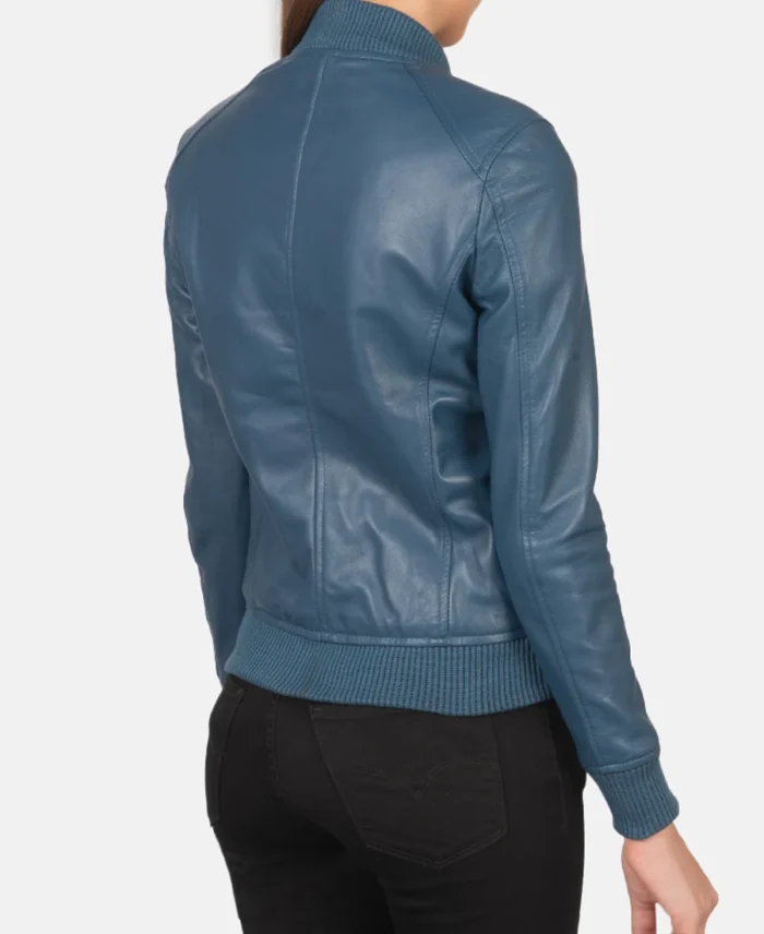 Bliss Blue Leather Bomber Jacket back