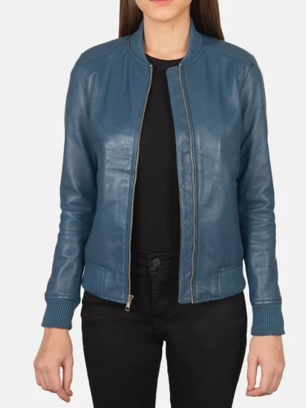 Bliss Blue Leather Bomber Jacket jacket front
