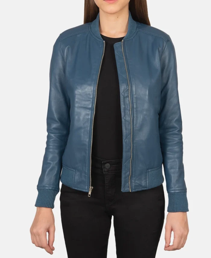 Bliss Blue Leather Bomber Jacket jacket front