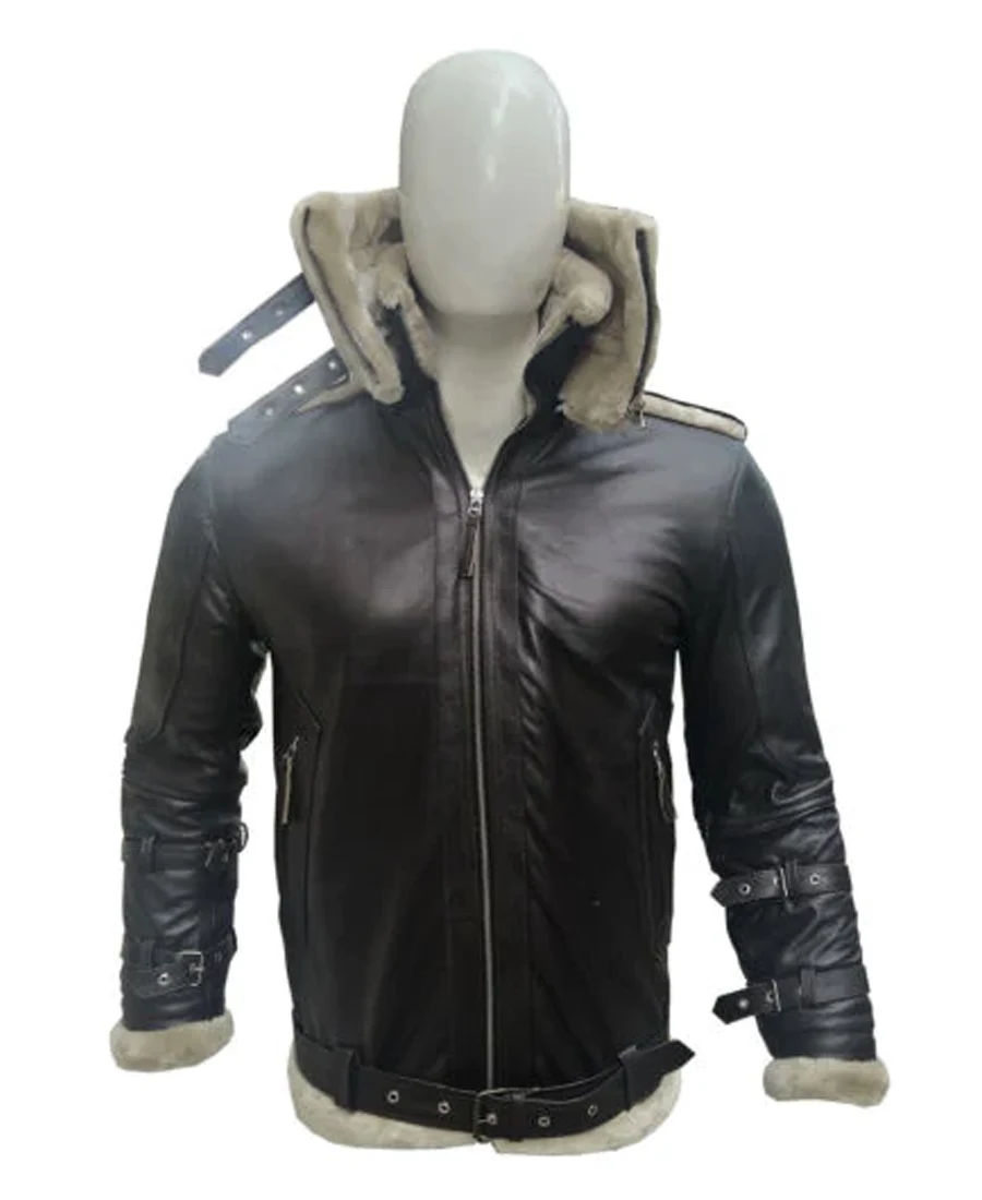 Christopher Large Fur Belted Collar Black Leather Jacket front