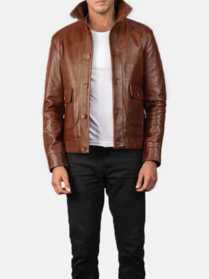 Columbus Brown Leather Bomber Jacket front