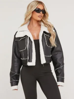 Contrast Faux Shearling Pocket Aviator Coat In Black Faux Leater front