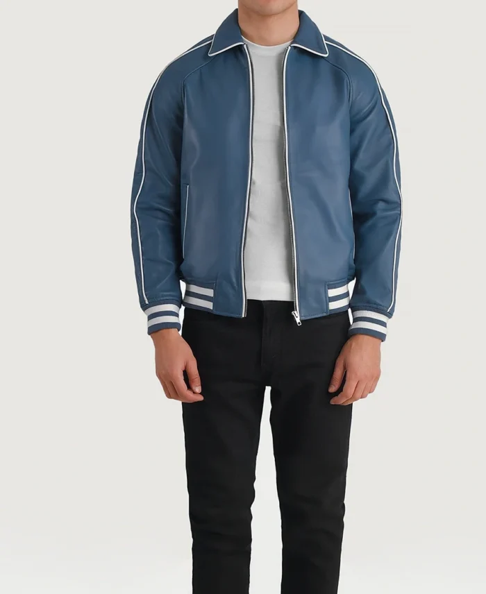 Cooper Blue Leather Varsity Jacket front