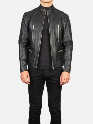 Damian Black Leather Biker Jacket front