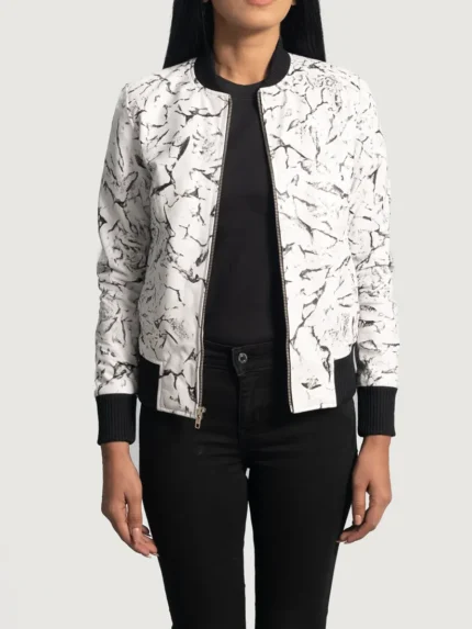 Donna Blake White Leather Bomber Jacket front