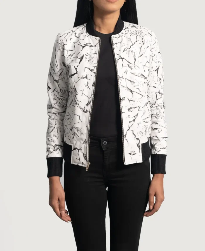 Donna Blake White Leather Bomber Jacket front