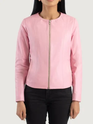 Elixir Pink Collarless Leather Jacket front