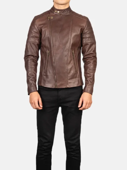 Faisor Brown Leather Biker Jacket front