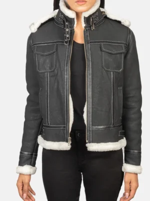 Fiona Black Hooded Shearling Leather Jacket front