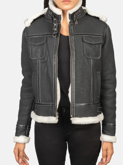 Fiona Black Hooded Shearling Leather Jacket front