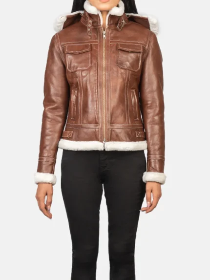 Fiona Brown Hooded Shearling Leather Jacket front