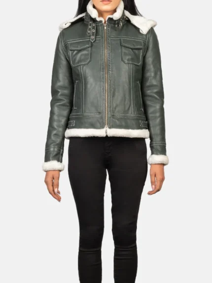 Fiona Green Hooded Shearling Leather Jacket front