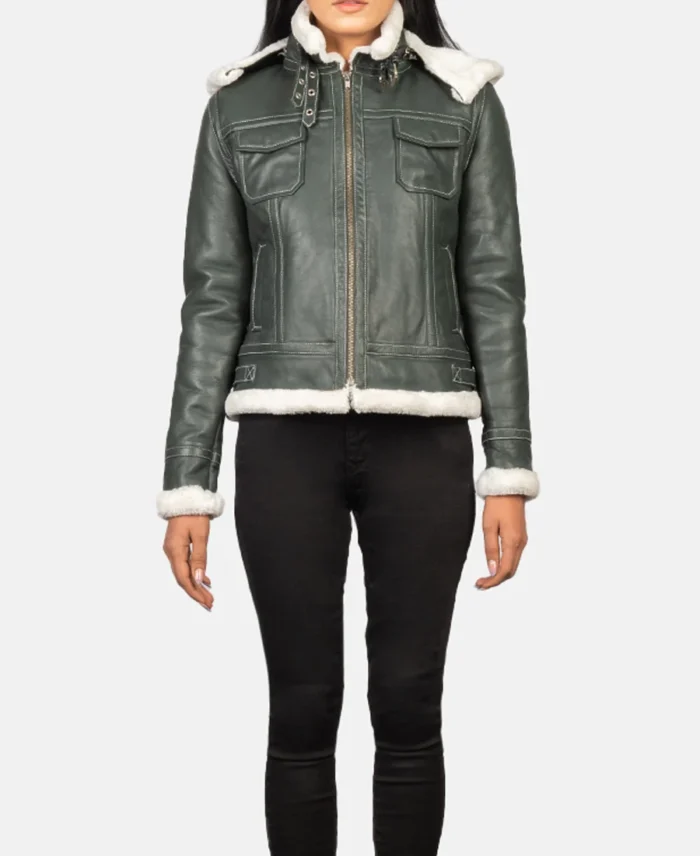 Fiona Green Hooded Shearling Leather Jacket front