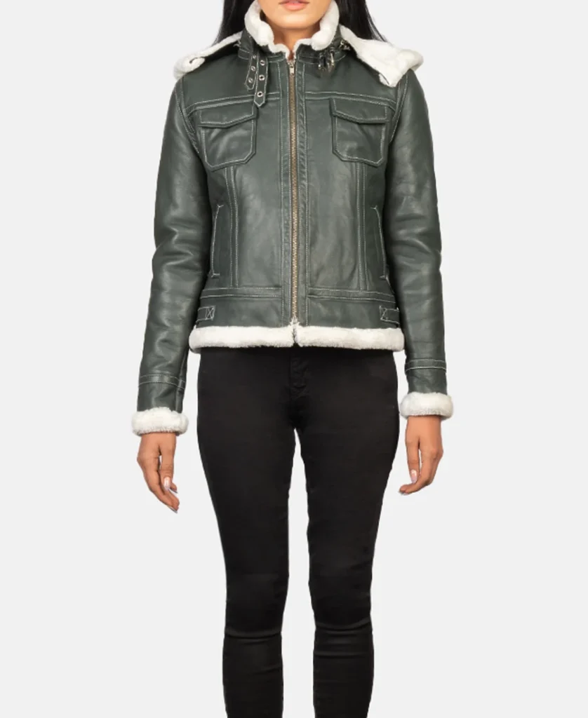 Fiona Green Hooded Shearling Leather Jacket front