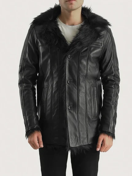 Furcliff Black Leather Coat front