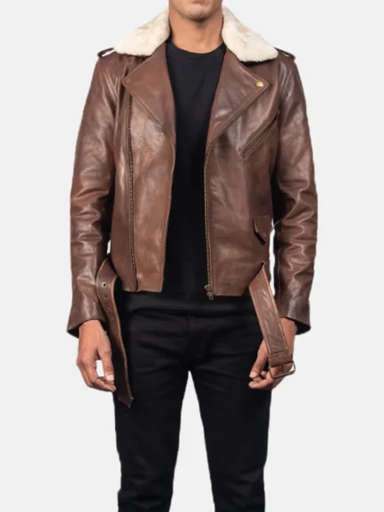 Furton Brown Leather Biker Jacket front