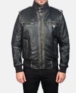 Glen Street Black Leather Bomber Jacket front