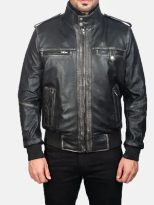 Glen Street Black Leather Bomber Jacket front