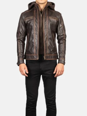 Hector Vintage Brown Hooded Leather Biker Jacket front