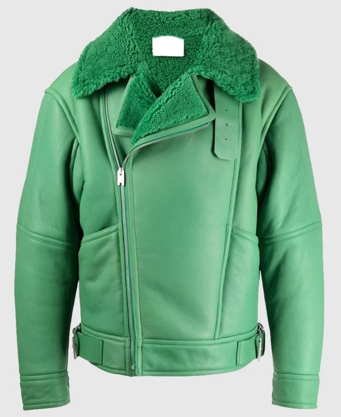 Holly Aviator Shearling Fur Green Biker Jacket front