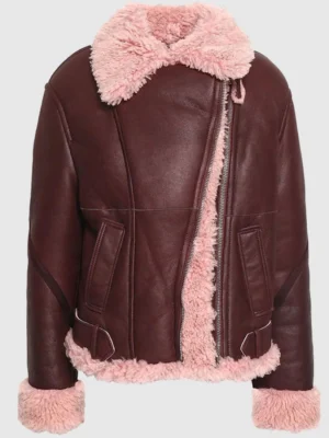 Kathleen Burgundy Shearling Fur Lined Leather Jacket front