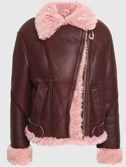 Kathleen Burgundy Shearling Fur Lined Leather Jacket front