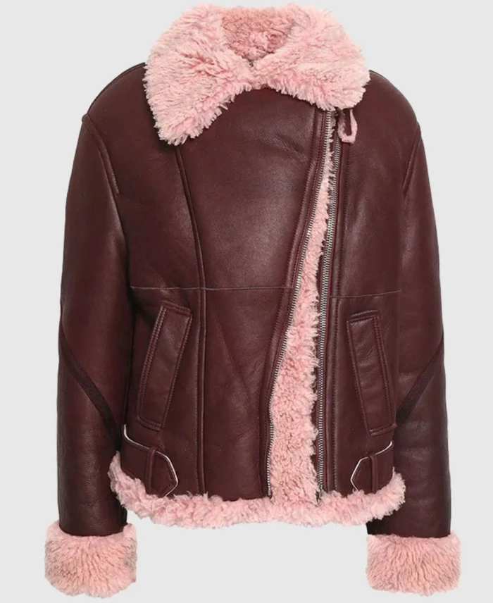 Kathleen Burgundy Shearling Fur Lined Leather Jacket front