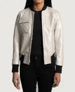 Lana Silver Leather Bomber Jacket front