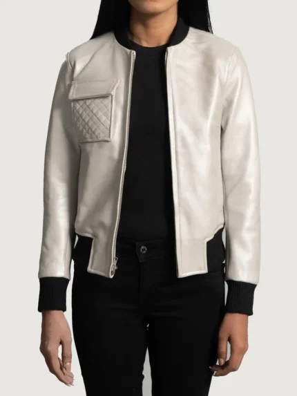 Lana Silver Leather Bomber Jacket front