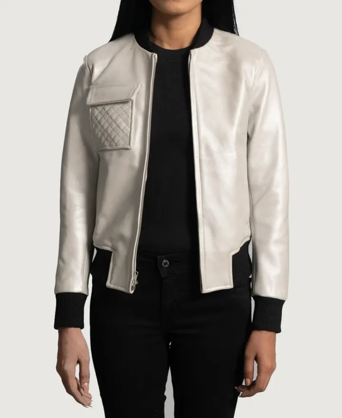 Lana Silver Leather Bomber Jacket front