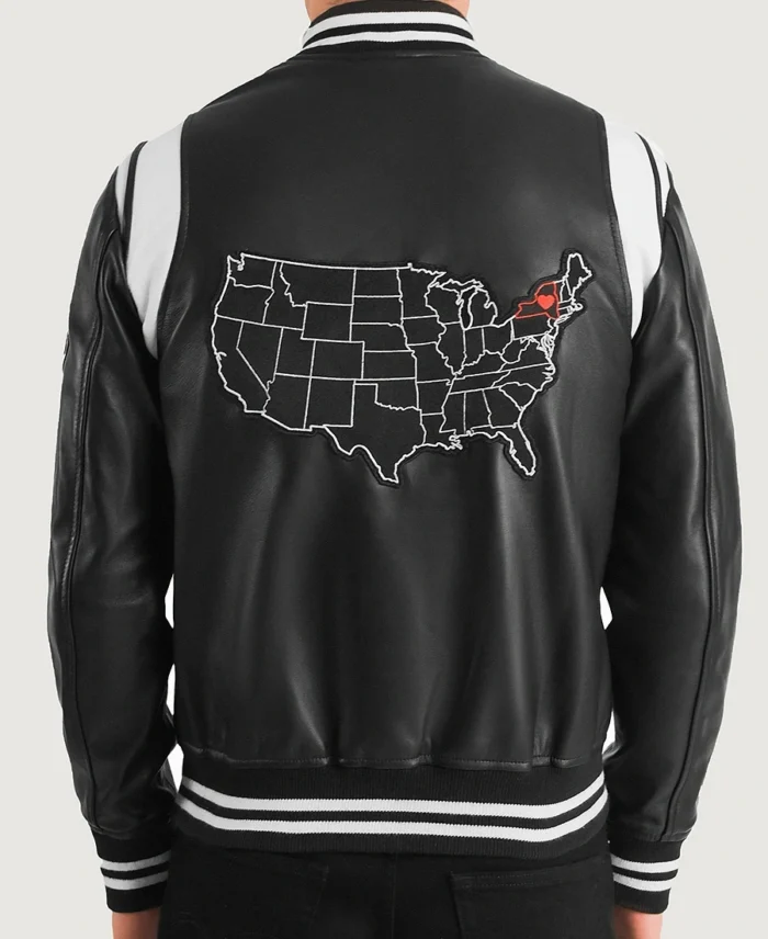 Liberte New York Black Leather Varsity Jacket back