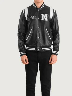 Liberte New York Black Leather Varsity Jacket front
