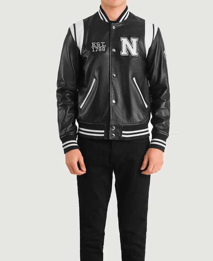 Liberte New York Black Leather Varsity Jacket front