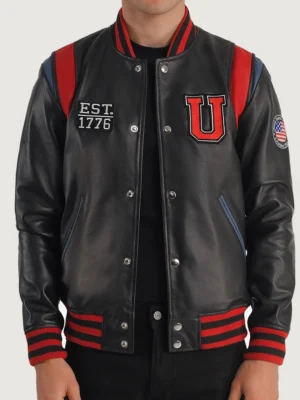 Liberte USA Black Leather Varsity Jacket front