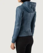 Luna Blue Hooded Leather Bomber Jacket back