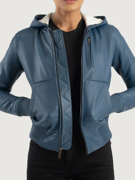 Luna Blue Hooded Leather Bomber Jacket front