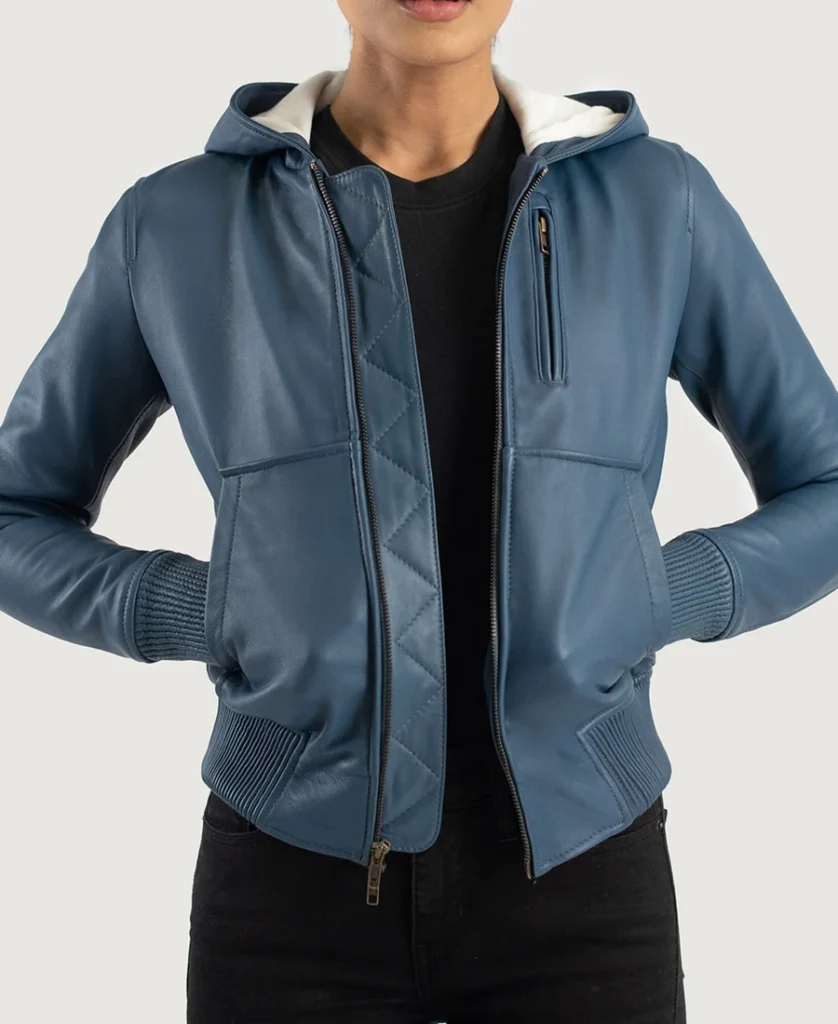 Luna Blue Hooded Leather Bomber Jacket front